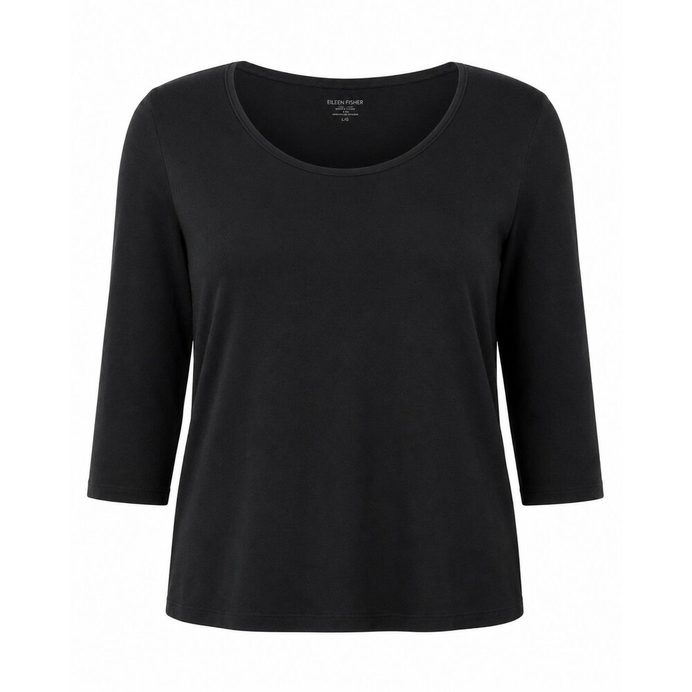 Eileen Fisher Organic Cotton Shirt Womens Sz L Black Scoop 3/4 Sleeve Jersey Top